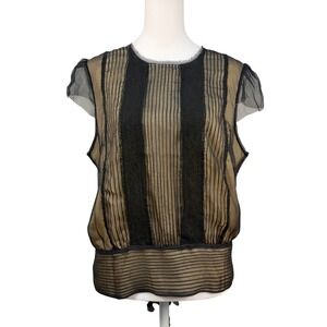 Saja Womens 100% Silk Striped Lace Cap Sleeve Blouse Gold Black Size L Tie Back